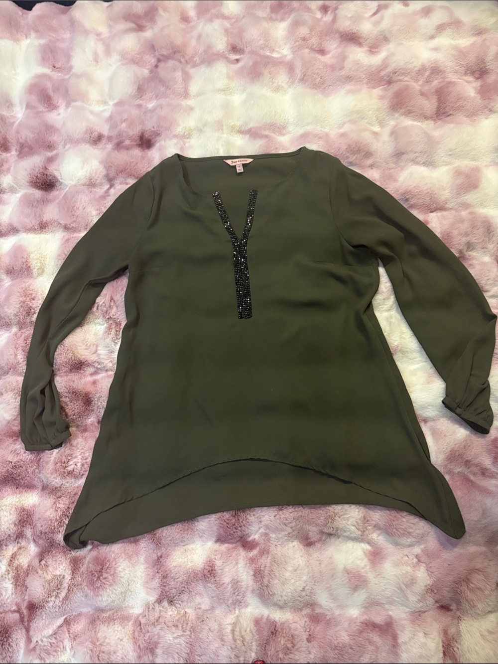 Juicy Couture Olive Green V-Neck Beaded Tunic - Picture 2 of 4
